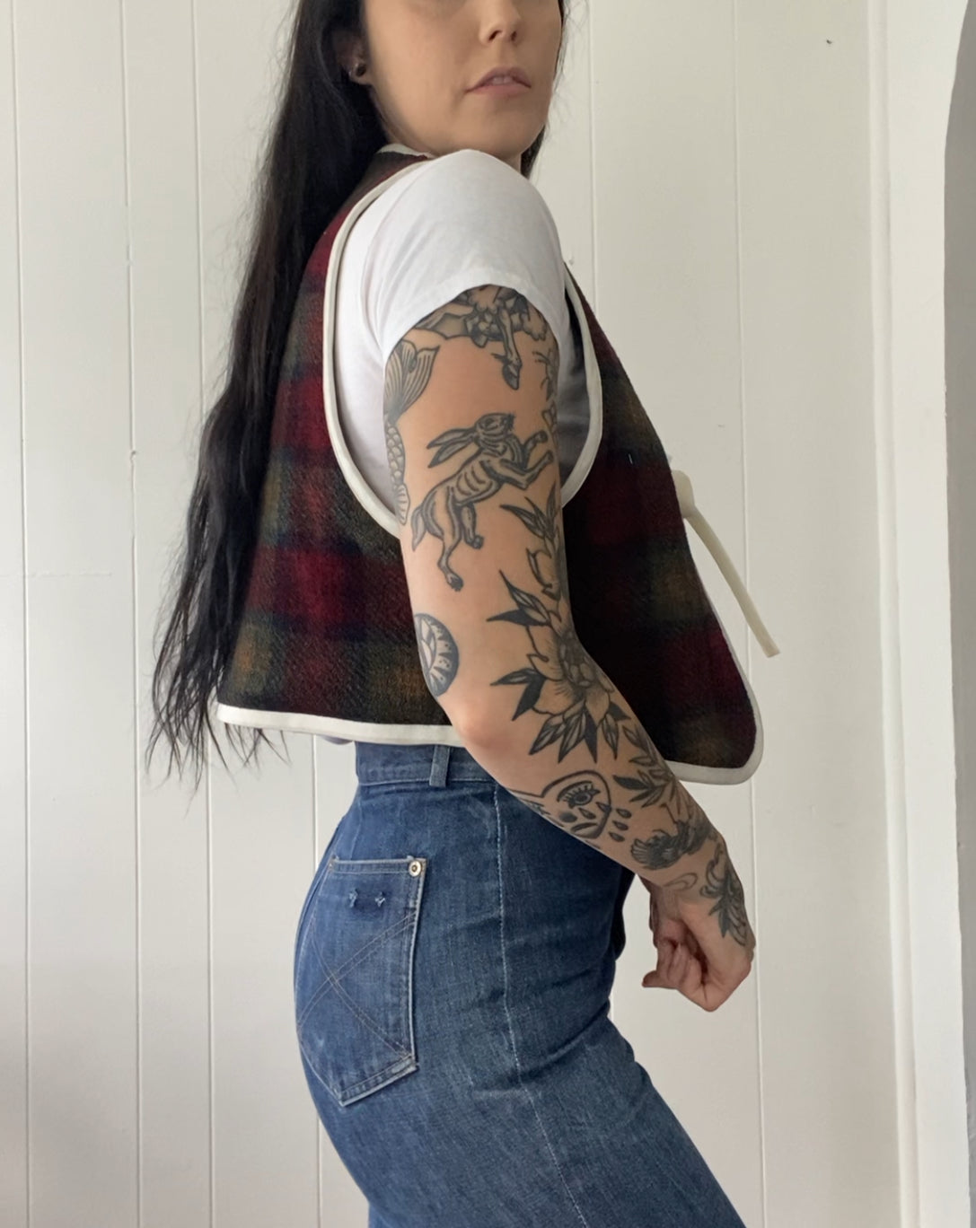 Upcycled Tie-Front Plaid Vest