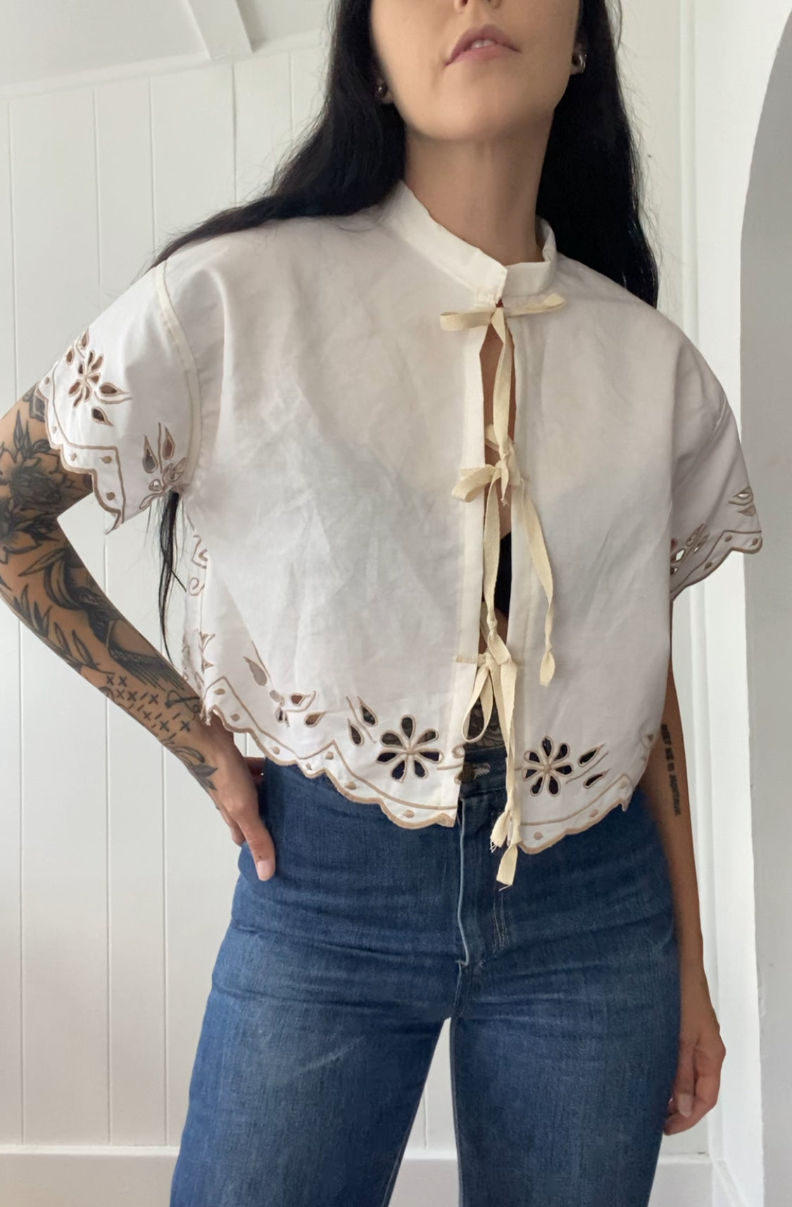 Upcycled Tie Front Embroidered Blouse