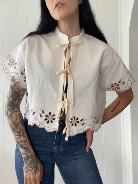 Upcycled Tie Front Embroidered Blouse