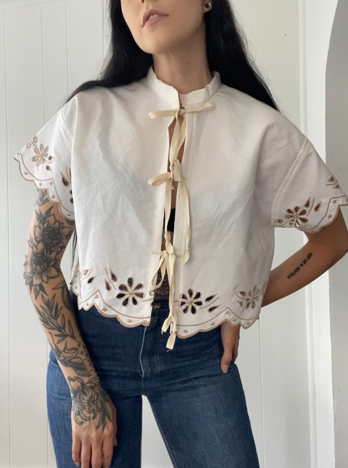 Upcycled Tie Front Embroidered Blouse