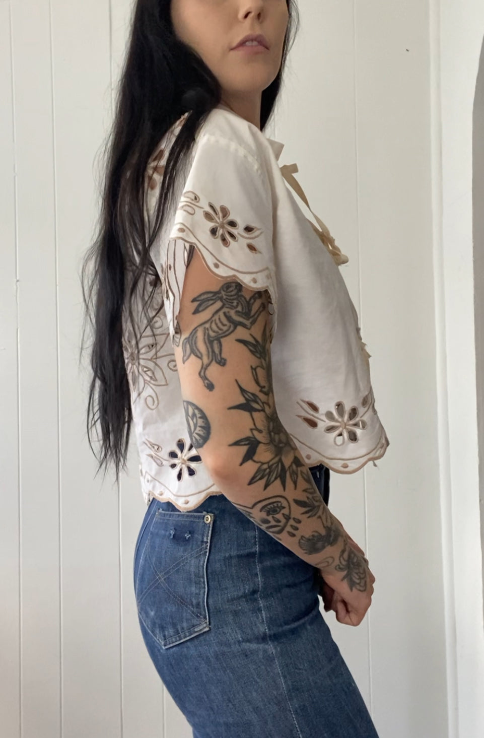 Upcycled Tie Front Embroidered Blouse