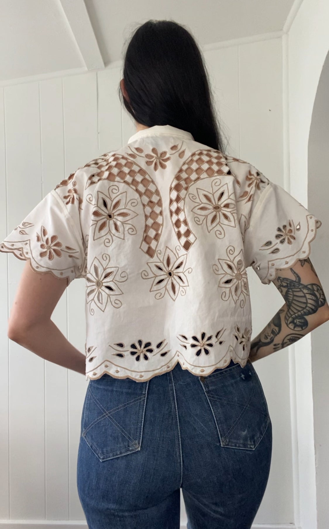 Upcycled Tie Front Embroidered Blouse