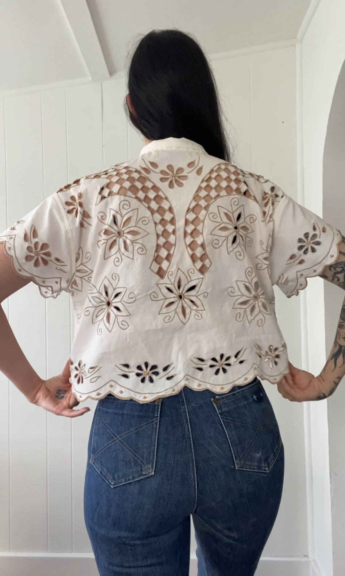 Upcycled Tie Front Embroidered Blouse