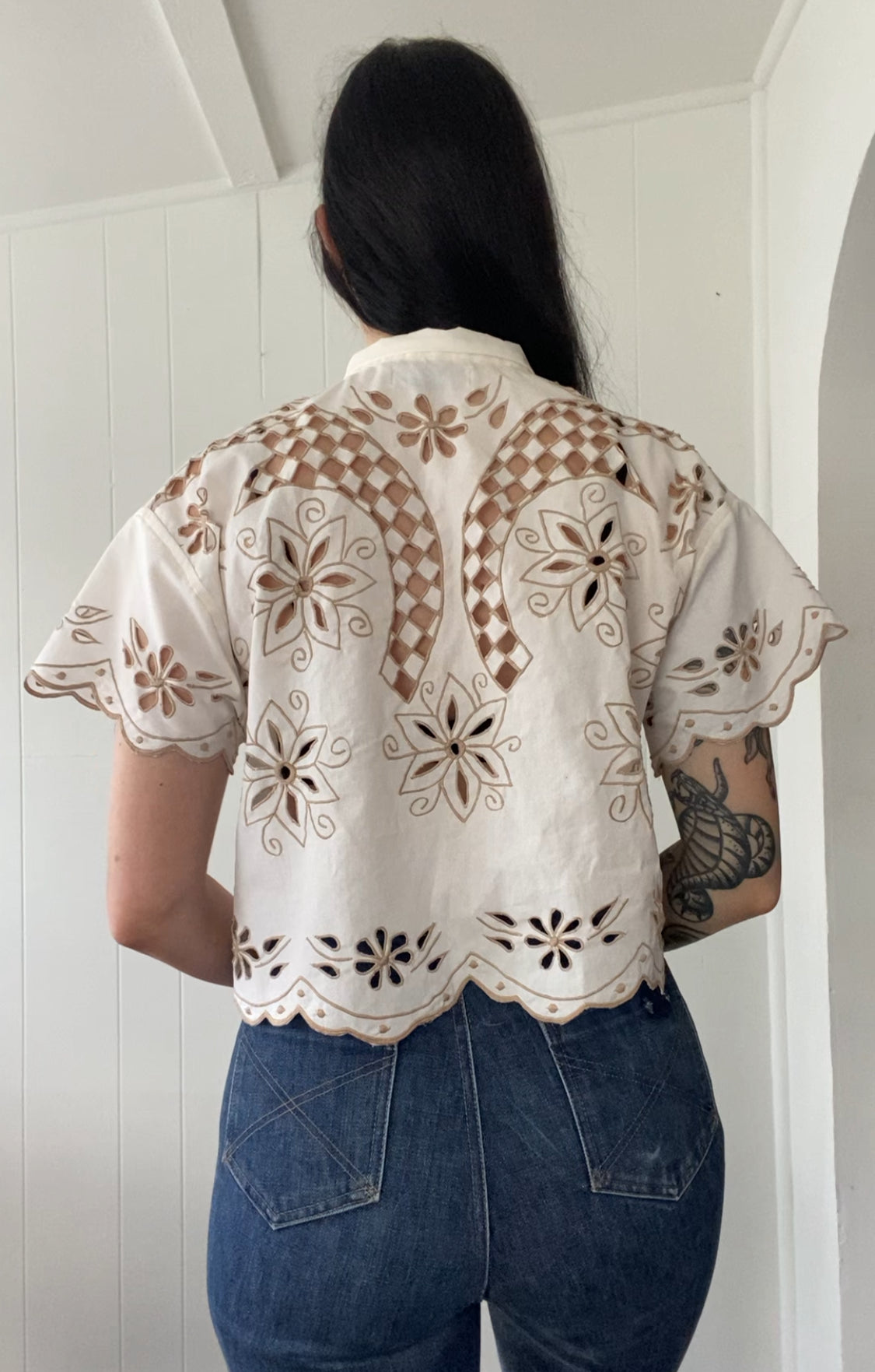 Upcycled Tie Front Embroidered Blouse
