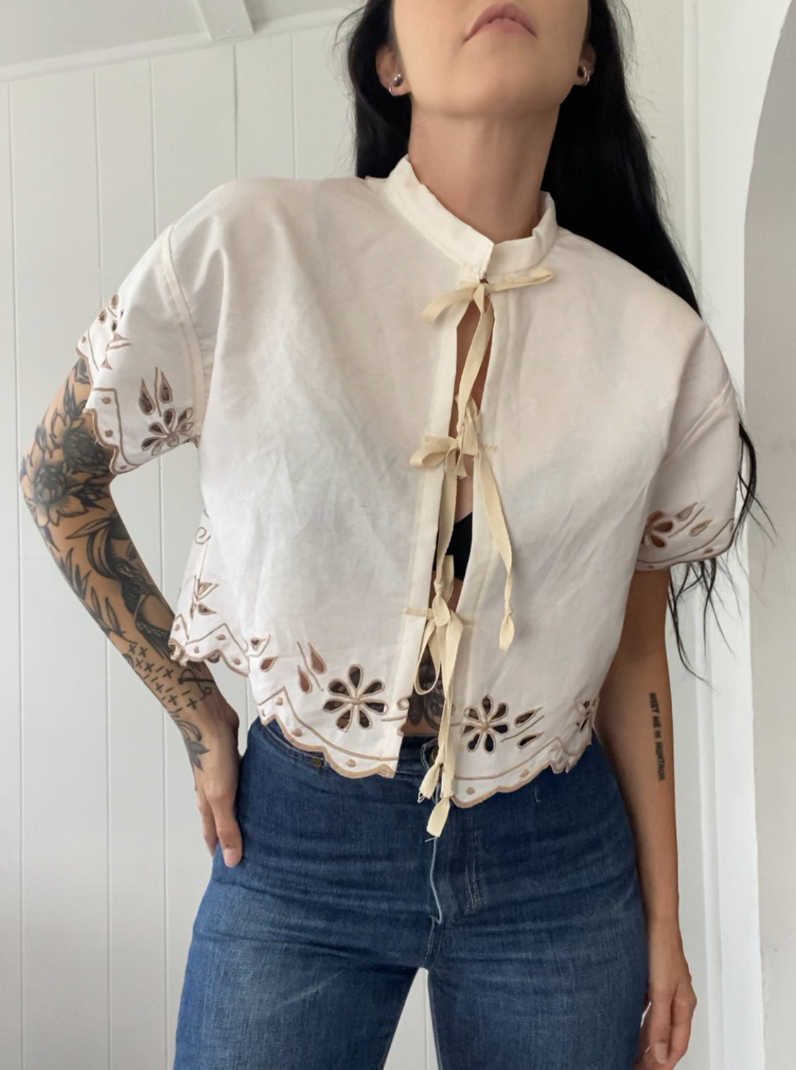 Upcycled Tie Front Embroidered Blouse