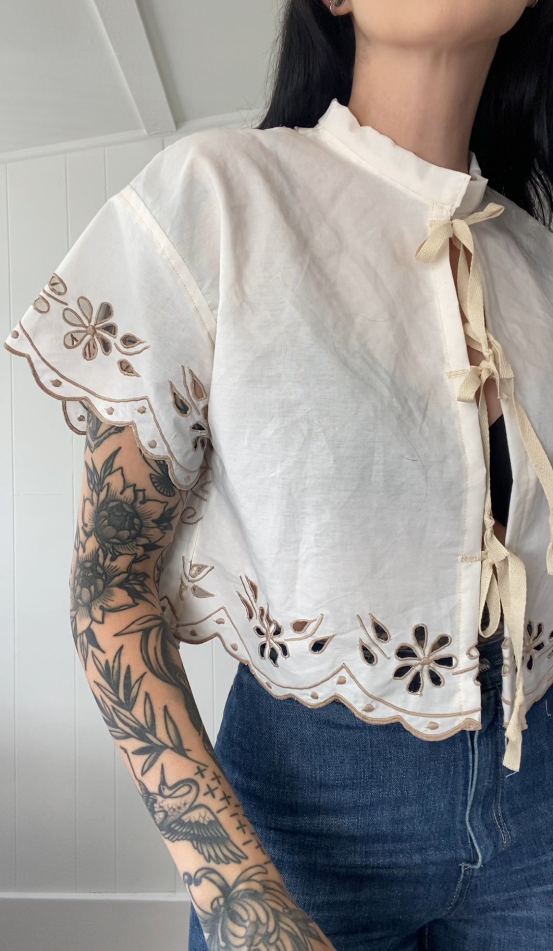 Upcycled Tie Front Embroidered Blouse