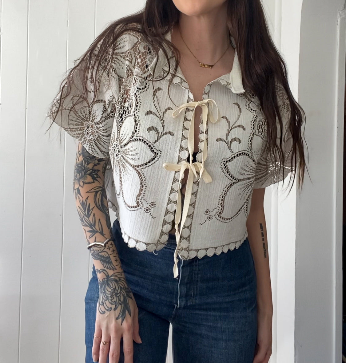 Upcycled Tie Front Lace Blouse