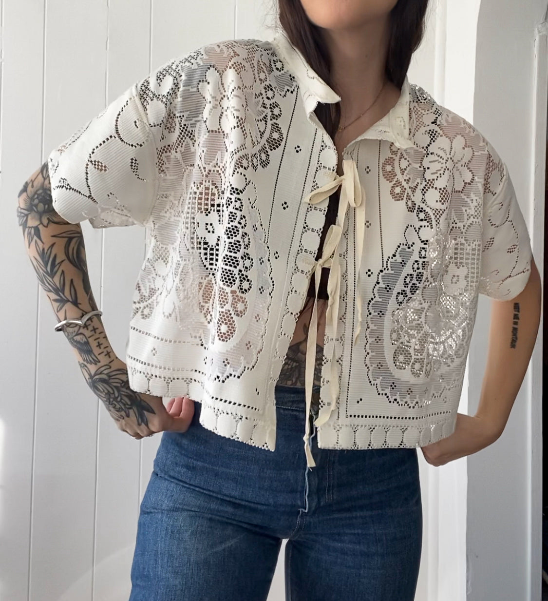 Upcycled Tie Front Lace Blouse