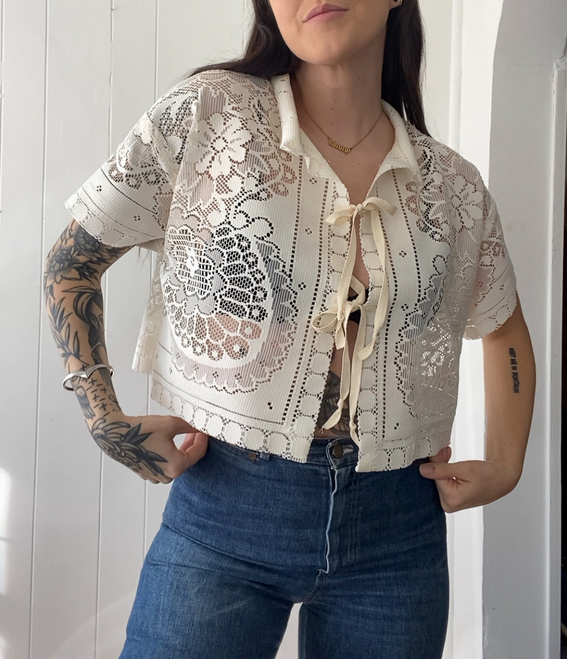 Upcycled Tie Front Lace Blouse