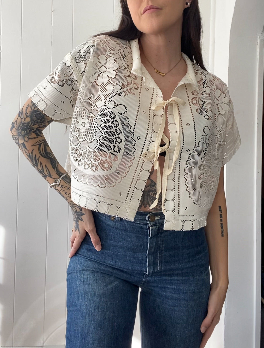 Upcycled Tie Front Lace Blouse