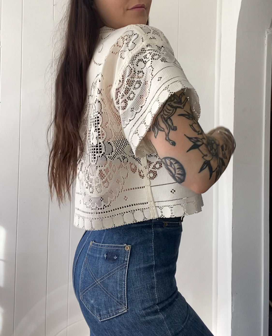 Upcycled Tie Front Lace Blouse