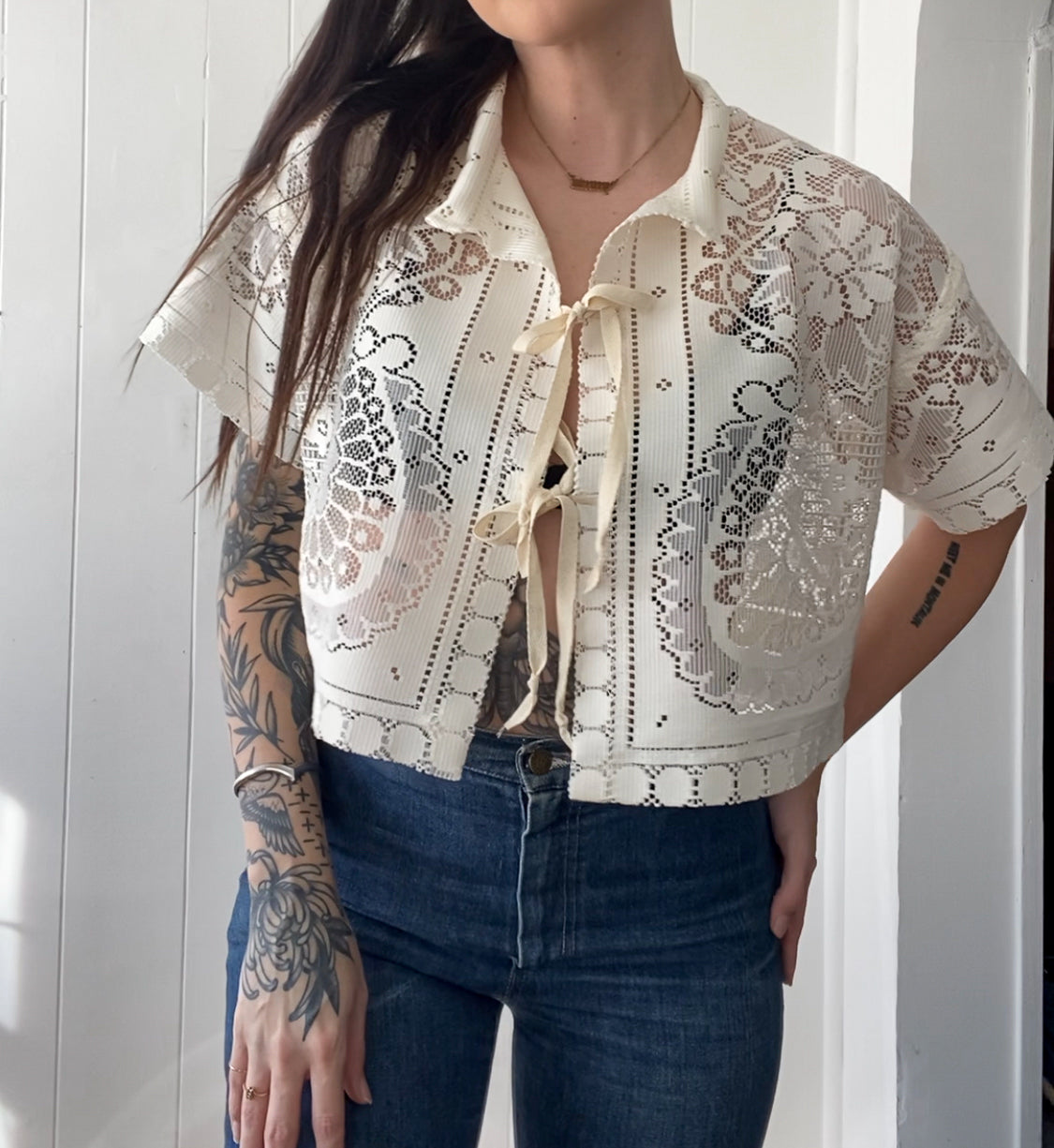 Upcycled Tie Front Lace Blouse