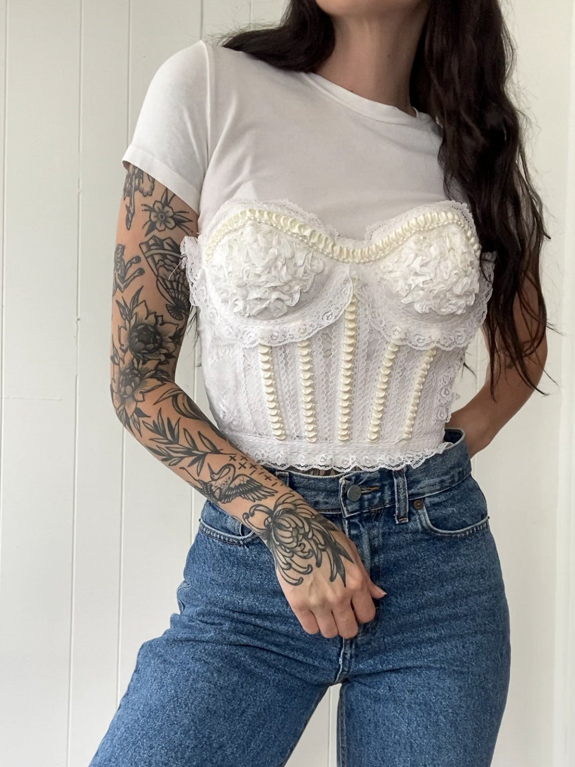 XS/S-S Vintage Lace and Faux Pearl Bustier