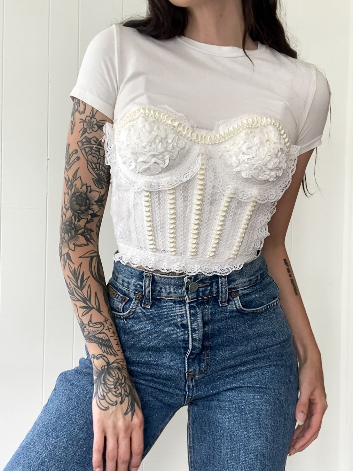 XS/S-S Vintage Lace and Faux Pearl Bustier