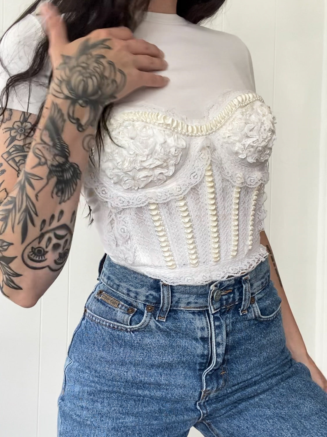 XS/S-S Vintage Lace and Faux Pearl Bustier