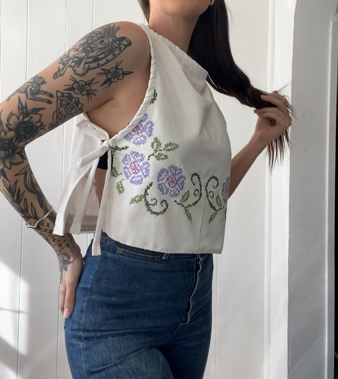 Upcycled Embroidered Side-Tie Tank Top