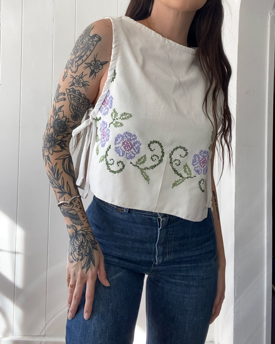 Upcycled Embroidered Side-Tie Tank Top