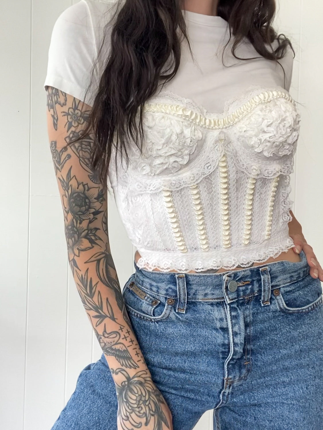 XS/S-S Vintage Lace and Faux Pearl Bustier