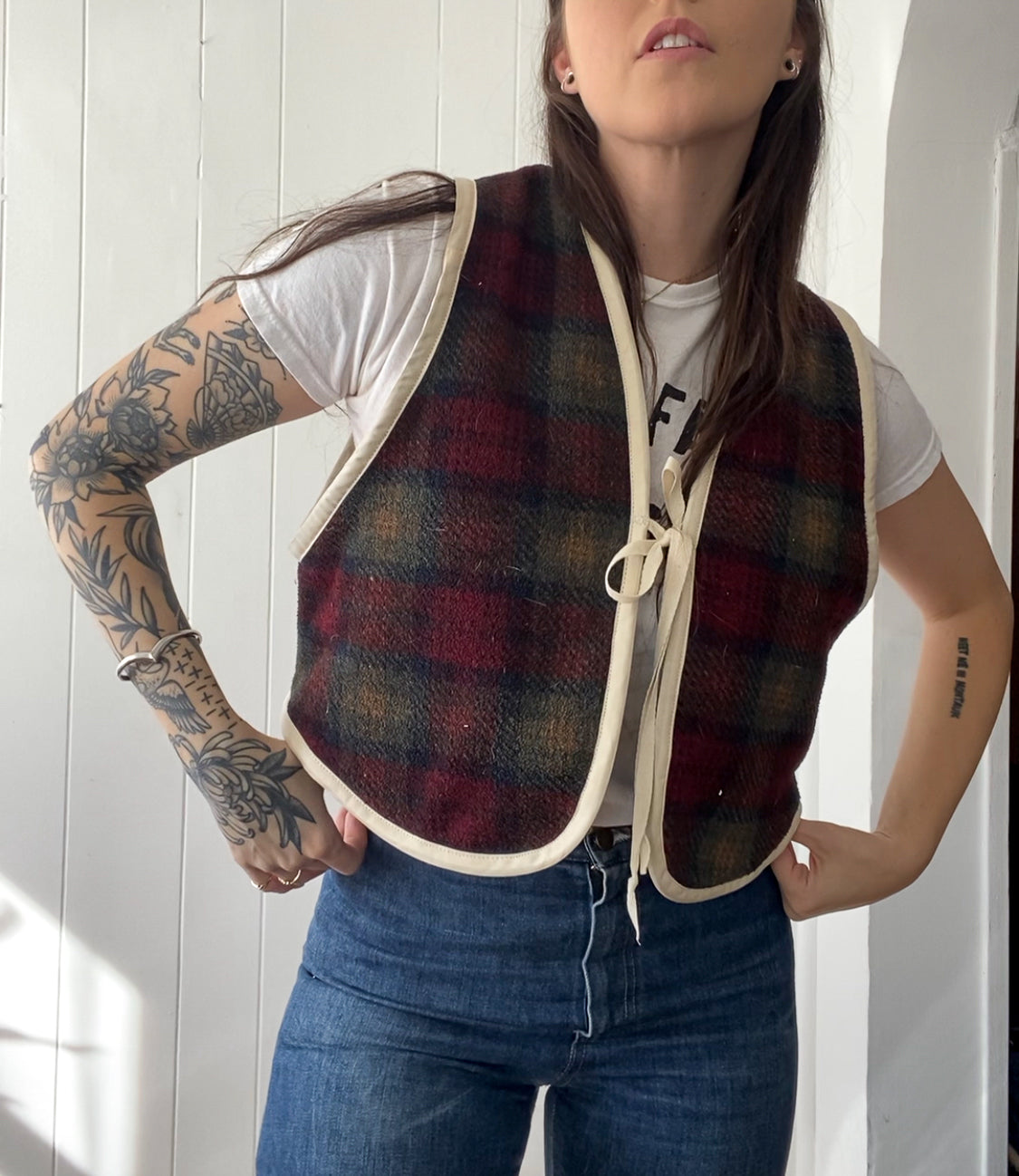 Upcycled Tie-Front Plaid Vest