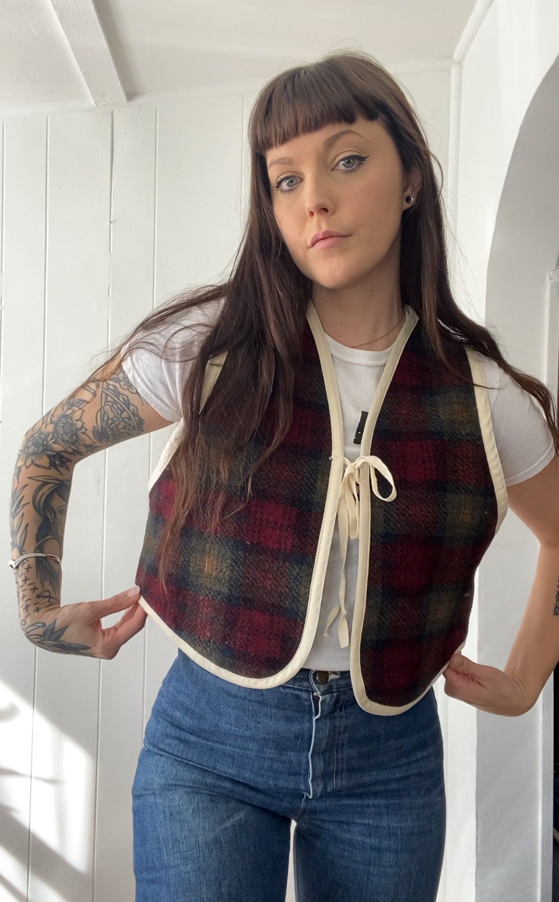 Upcycled Tie-Front Plaid Vest