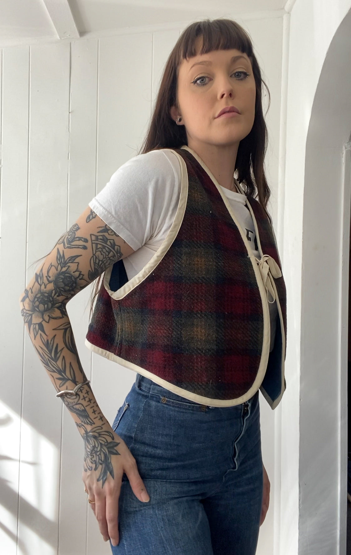 Upcycled Tie-Front Plaid Vest
