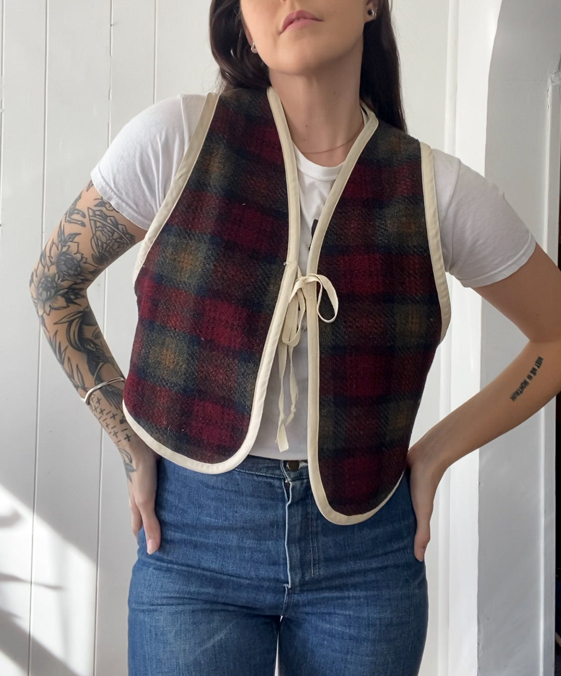 Upcycled Tie-Front Plaid Vest