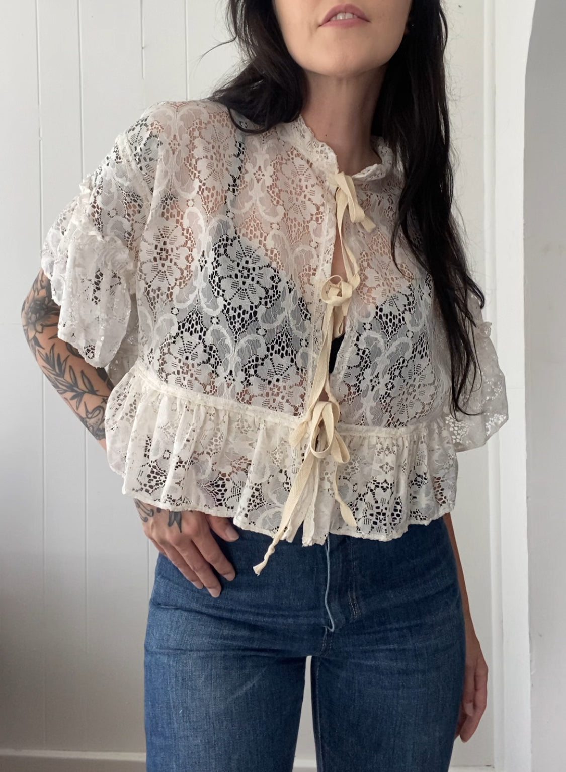 Upcycled Tie Front Lace Blouse