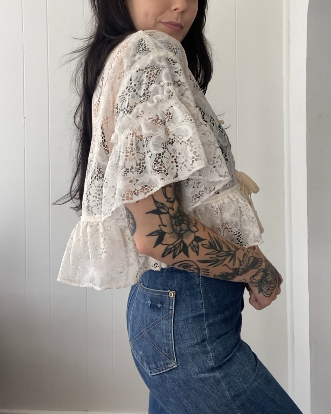 Upcycled Tie Front Lace Blouse