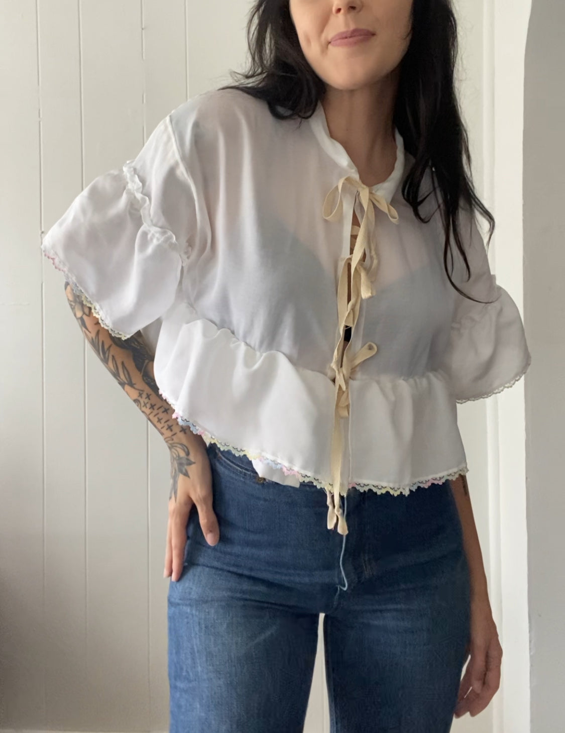 Upcycled Tie Front Blouse (Rainbow Hem!)