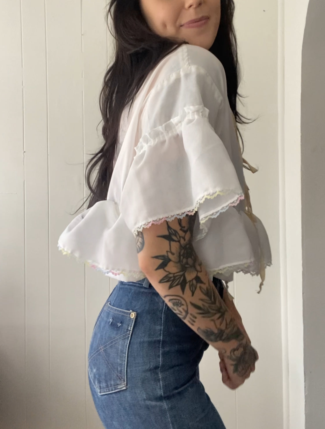 Upcycled Tie Front Blouse (Rainbow Hem!)
