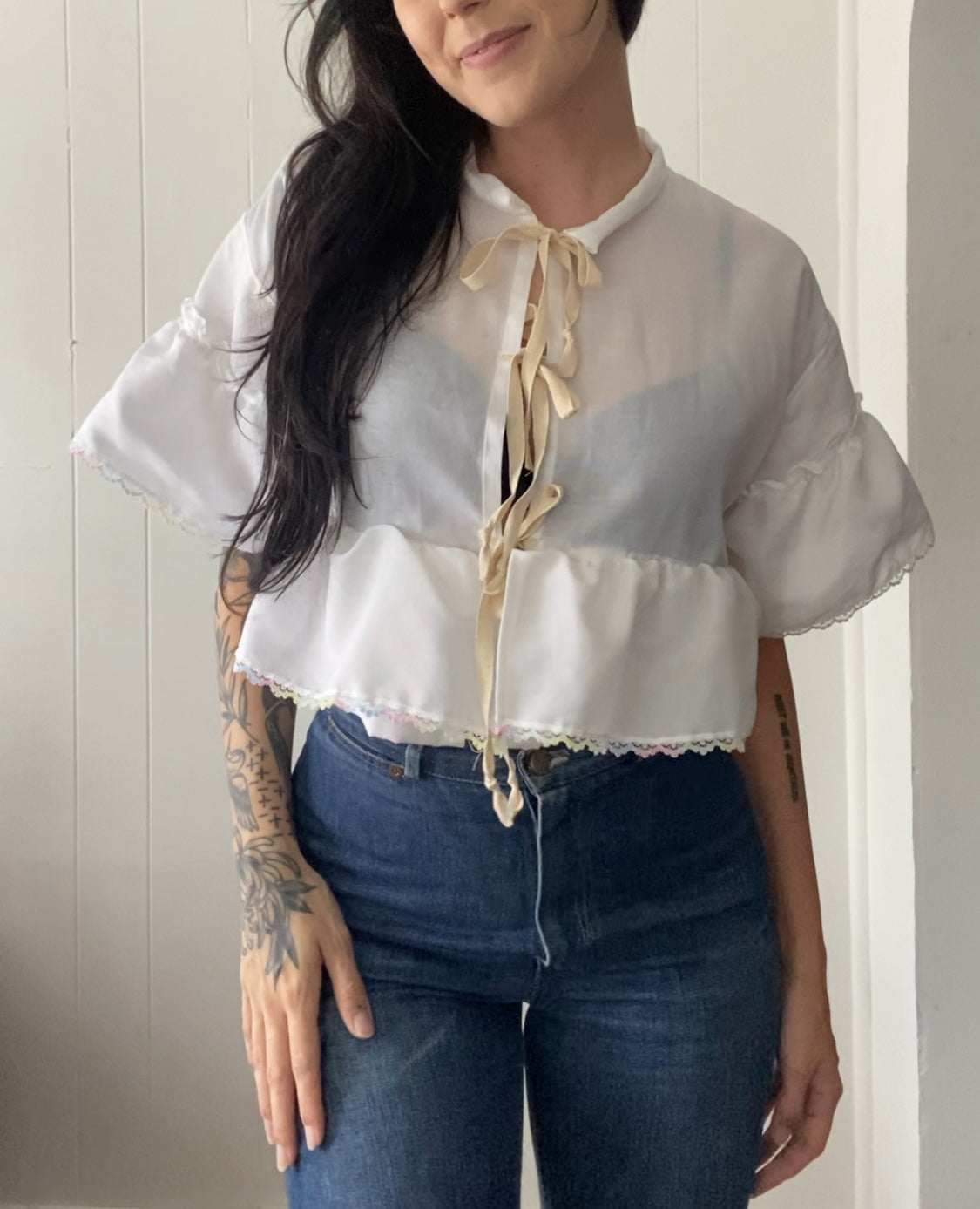Upcycled Tie Front Blouse (Rainbow Hem!)