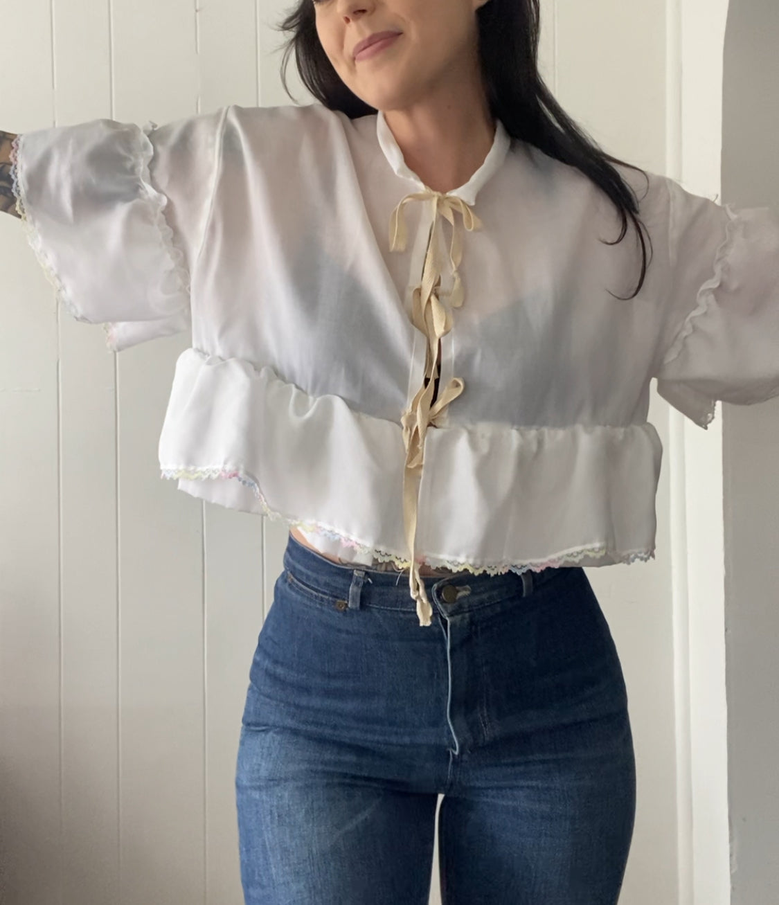 Upcycled Tie Front Blouse (Rainbow Hem!)