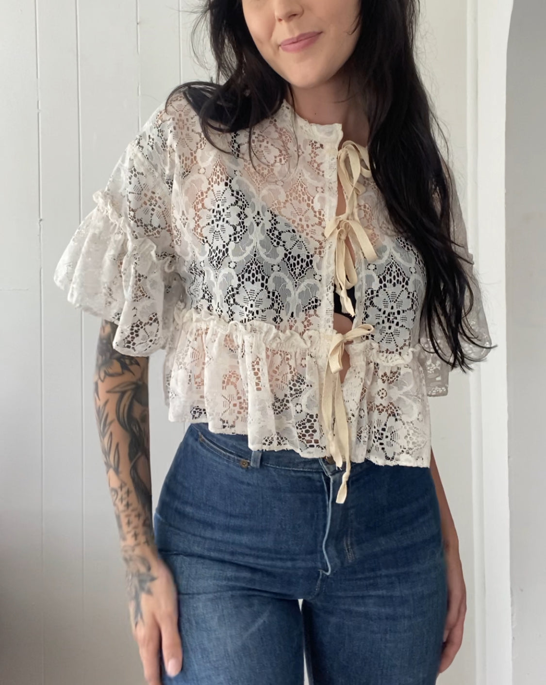 Upcycled Tie Front Lace Blouse