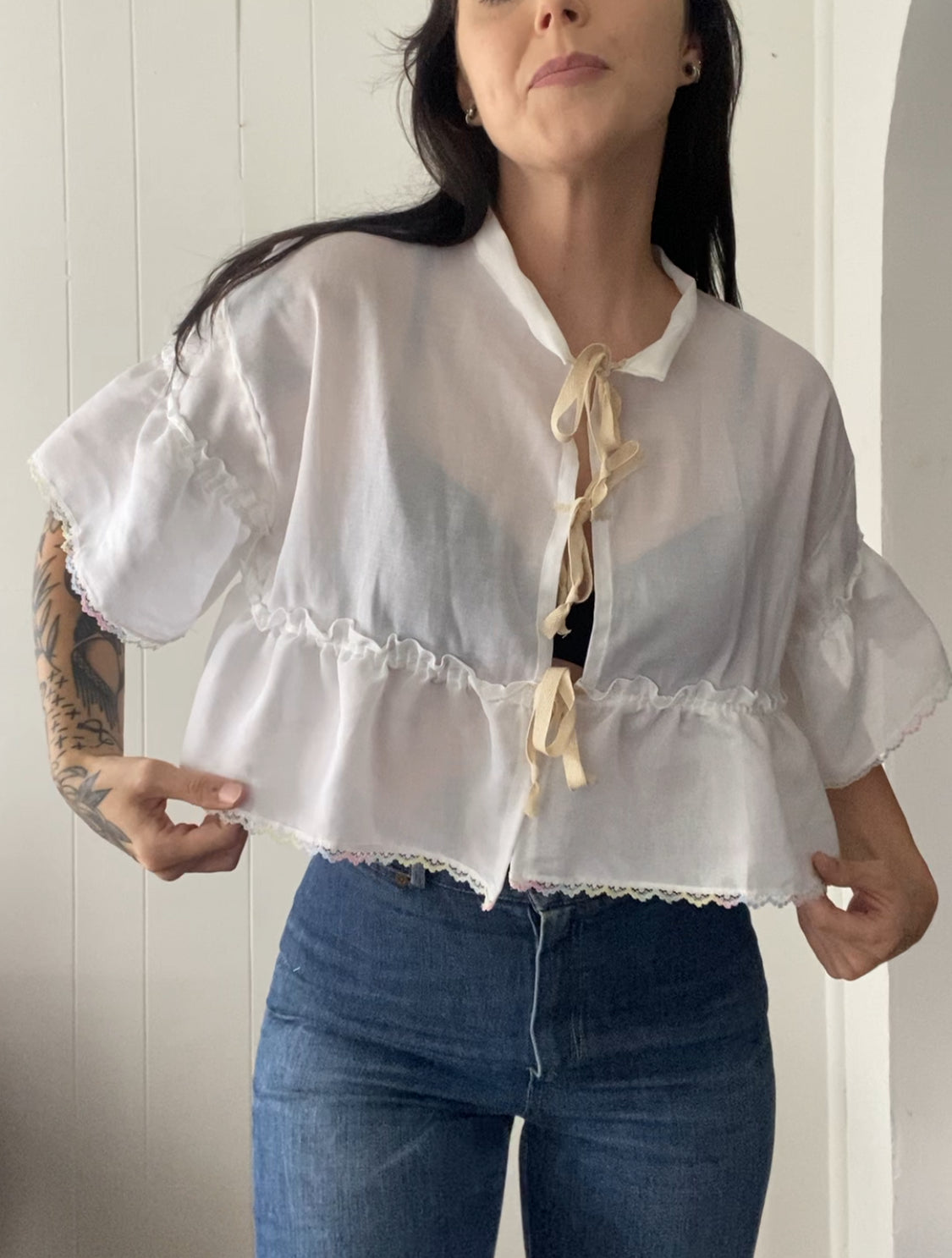 Upcycled Tie Front Blouse (Rainbow Hem!)