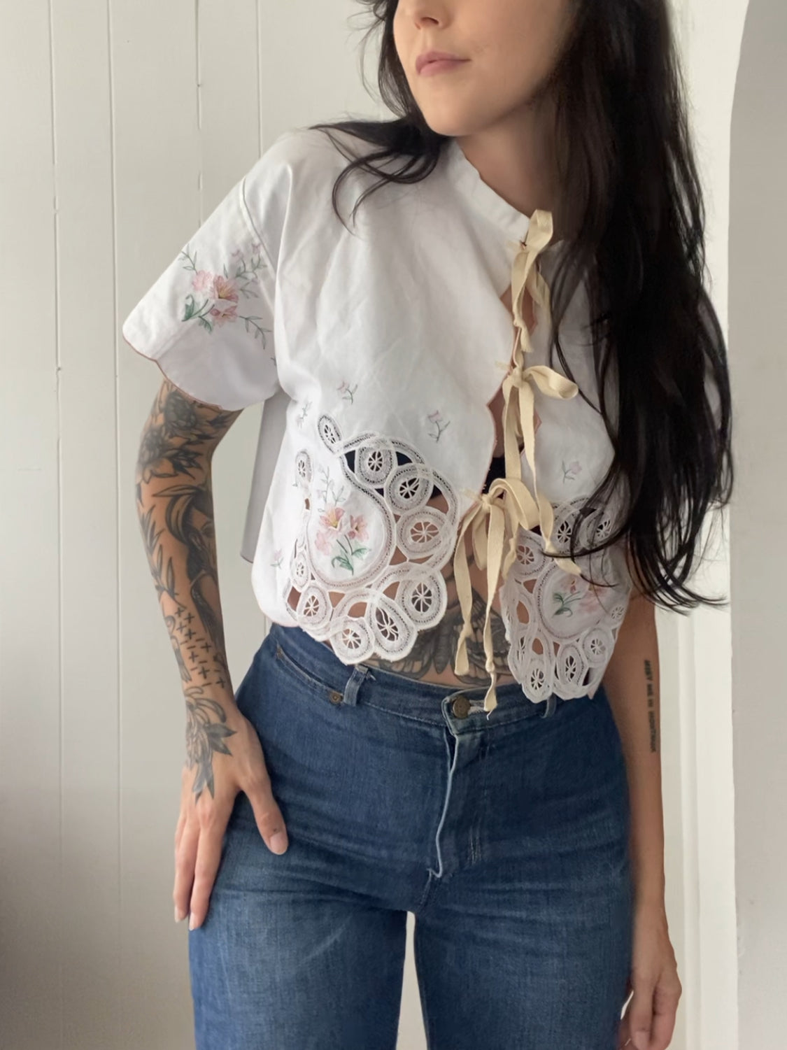 Upcycled Tie Front Horseshoe Blouse