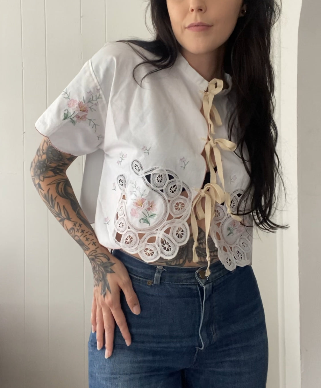 Upcycled Tie Front Horseshoe Blouse