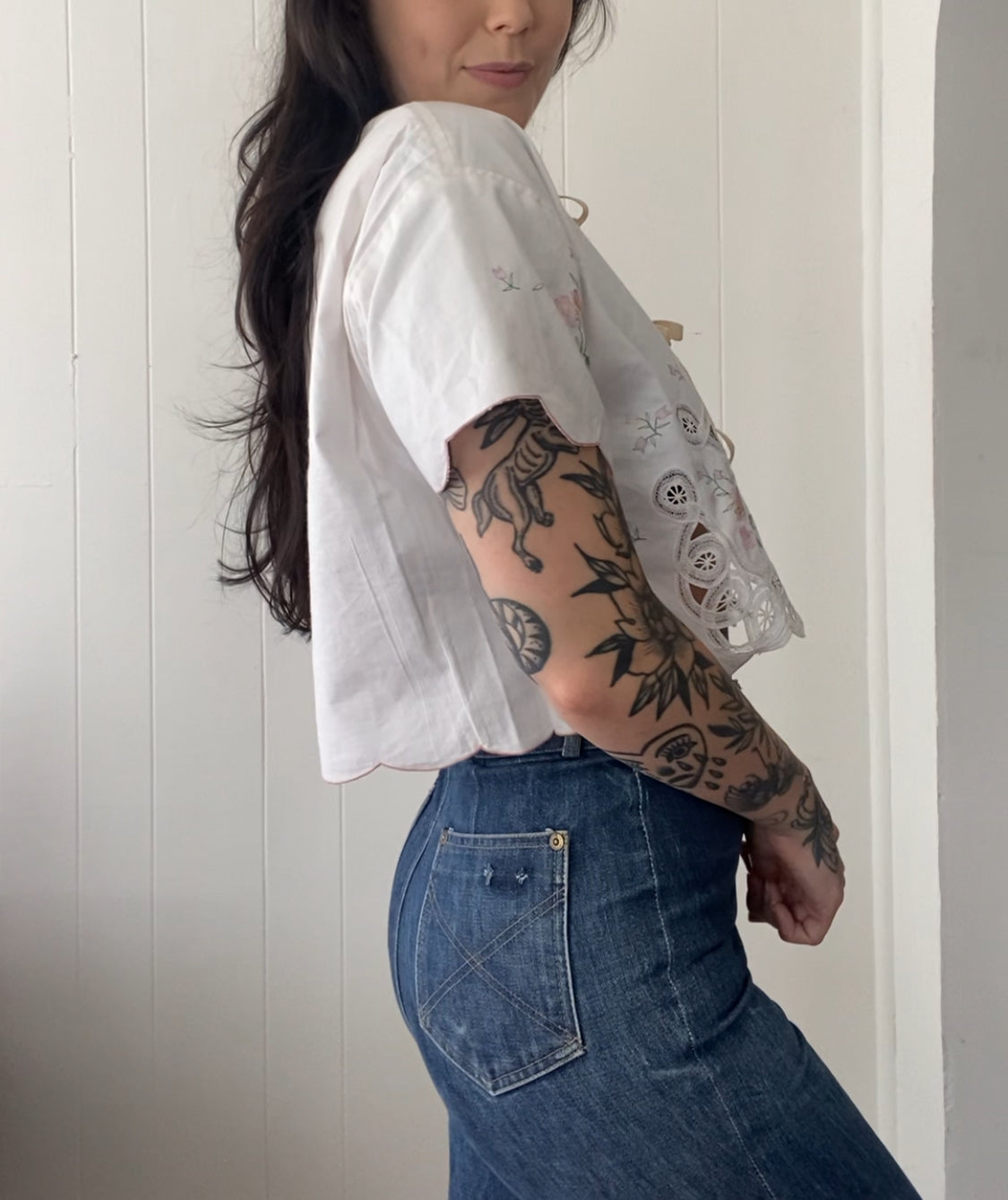 Upcycled Tie Front Horseshoe Blouse