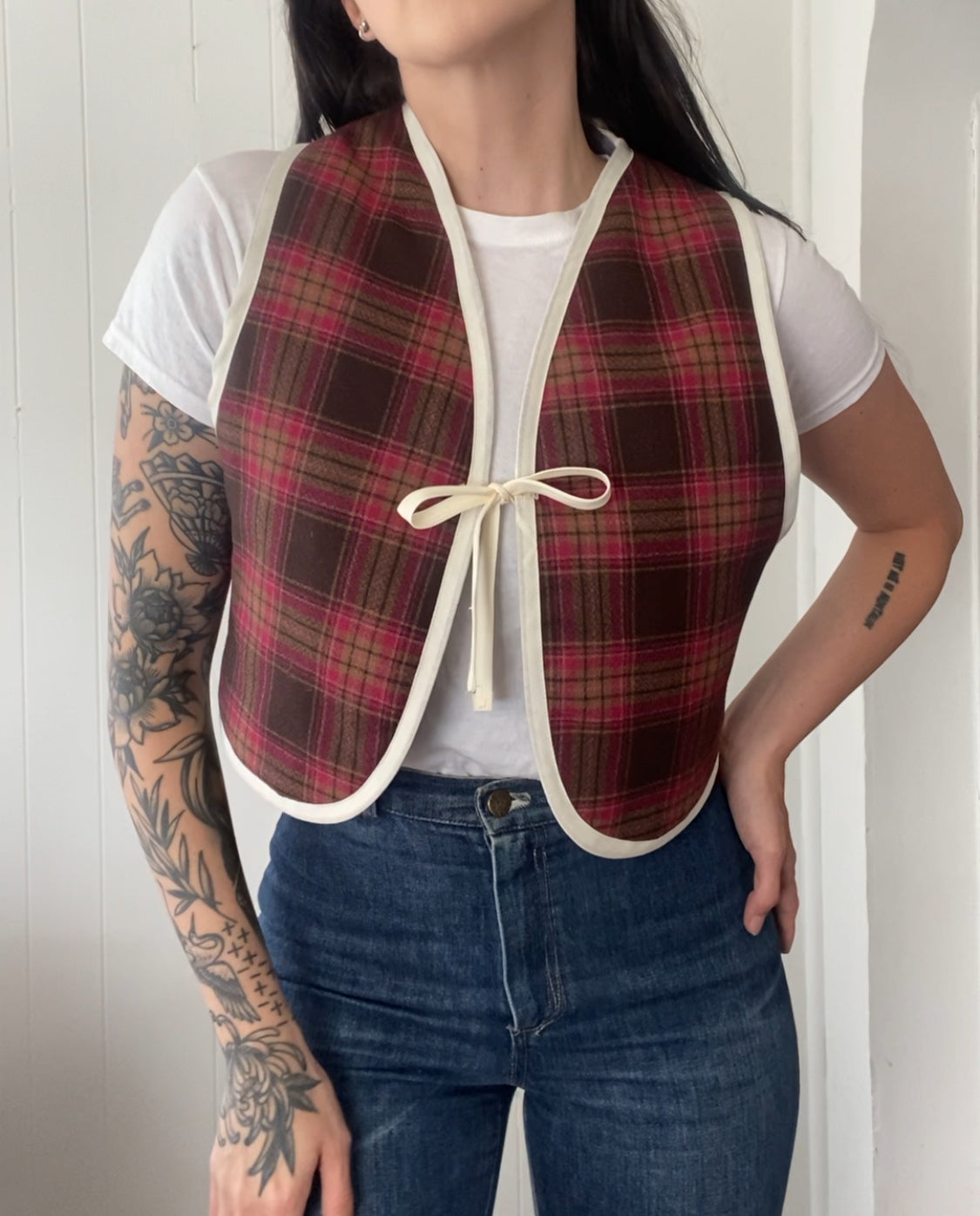 Upcycled Tie-Front Plaid Vest