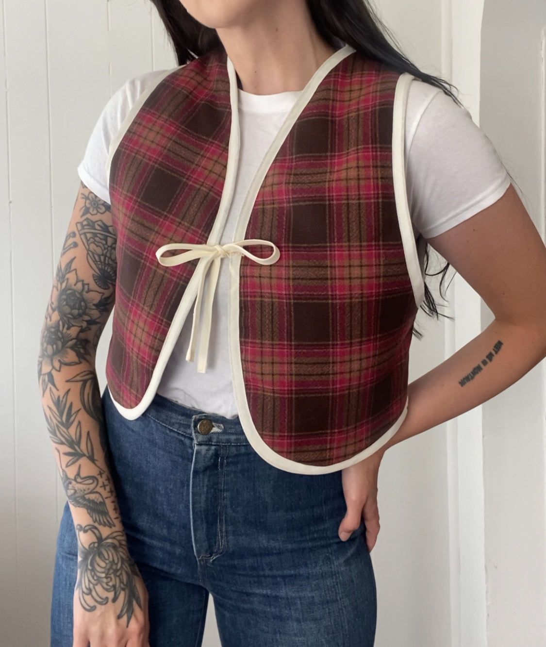 Upcycled Tie-Front Plaid Vest