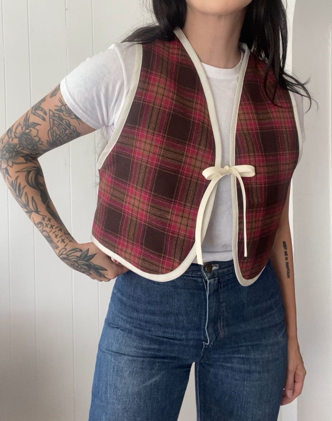 Upcycled Tie-Front Plaid Vest