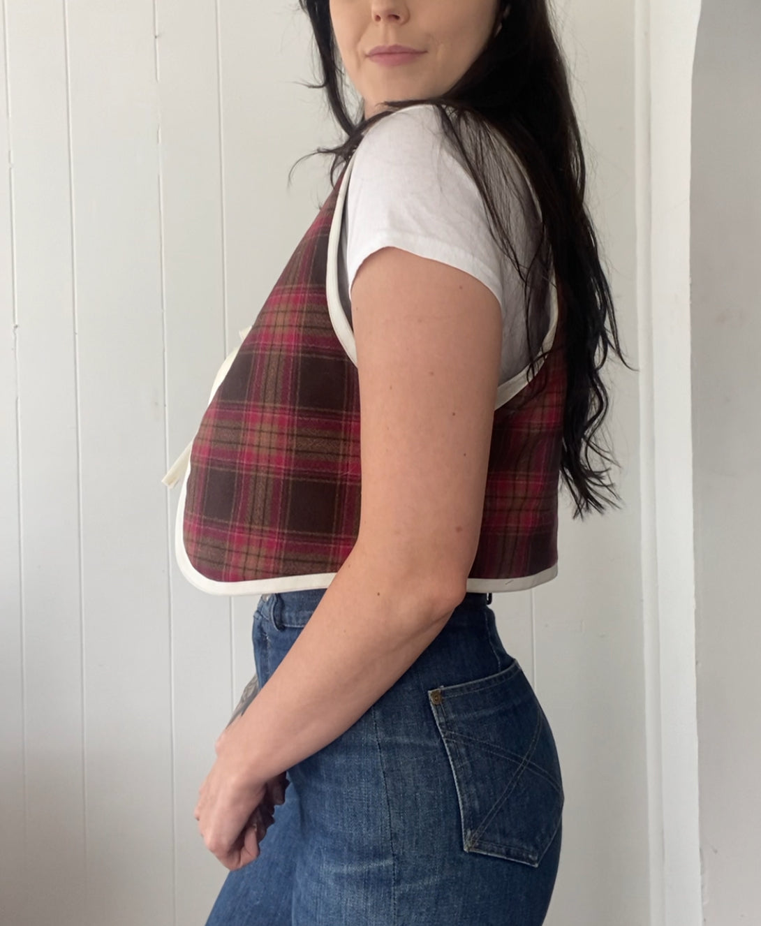 Upcycled Tie-Front Plaid Vest