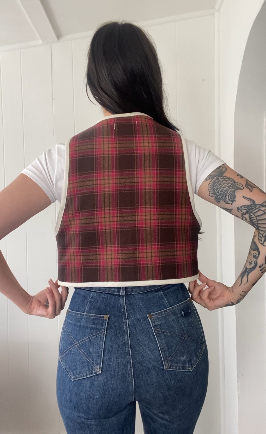 Upcycled Tie-Front Plaid Vest