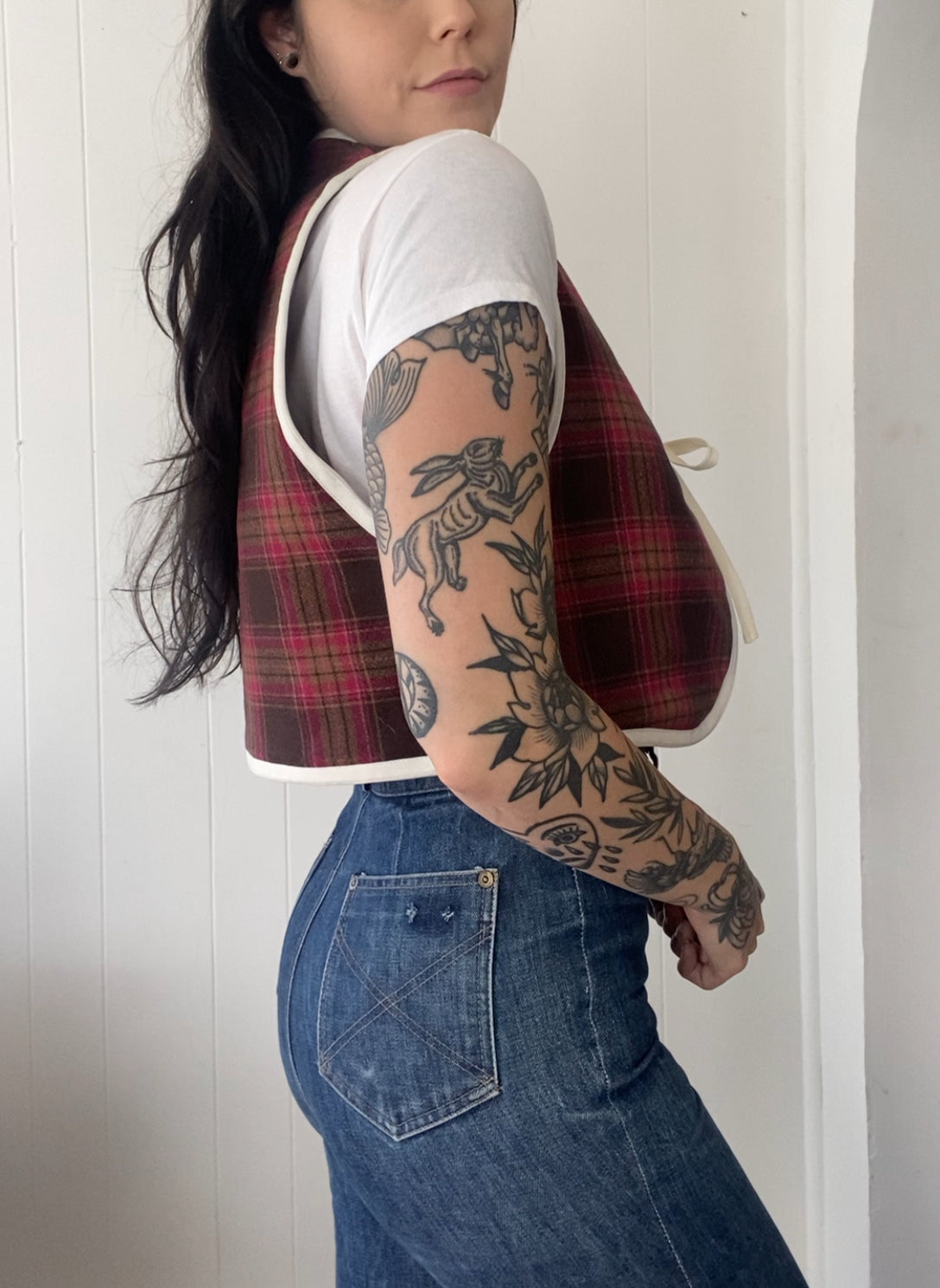 Upcycled Tie-Front Plaid Vest