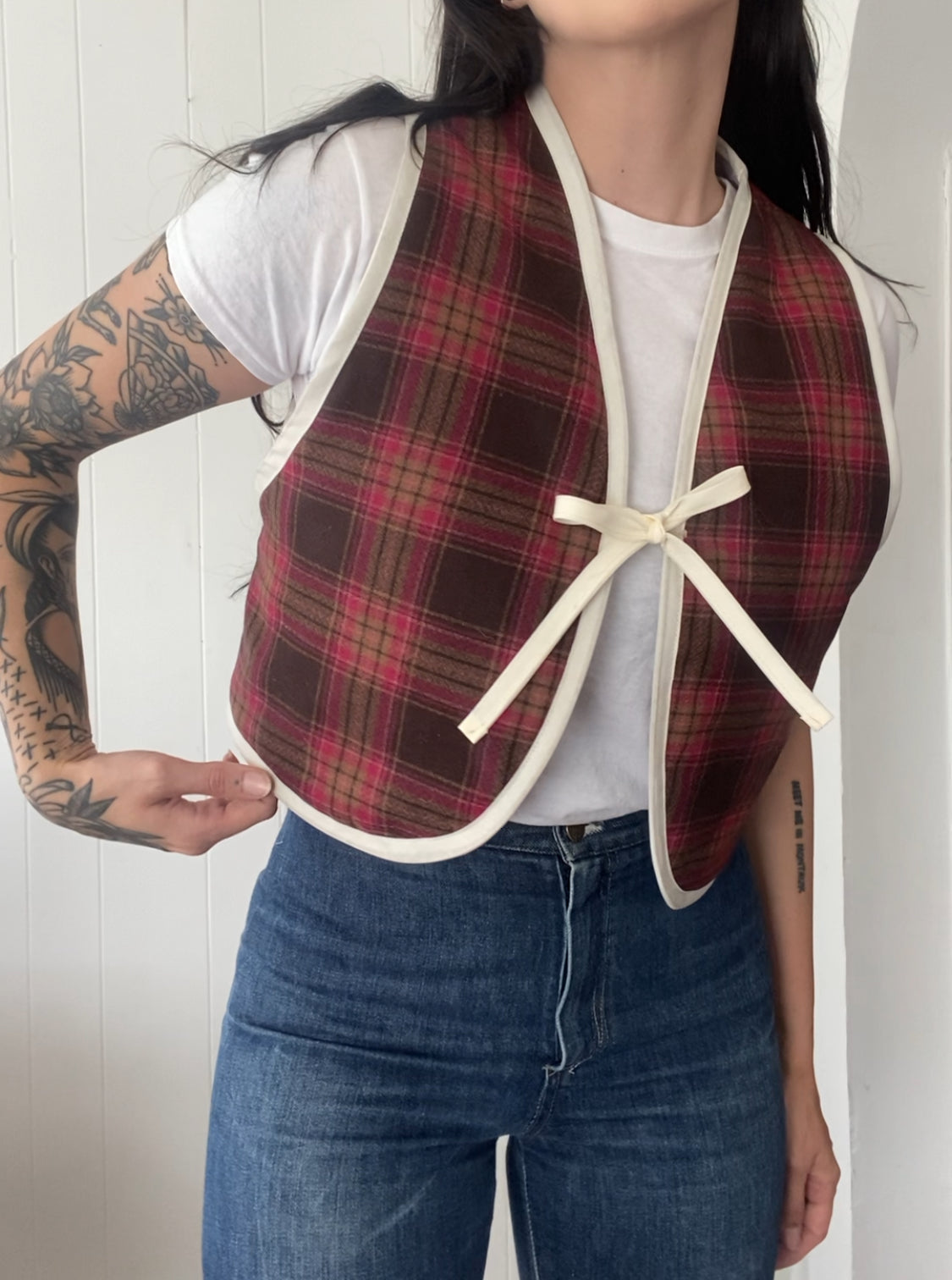 Upcycled Tie-Front Plaid Vest
