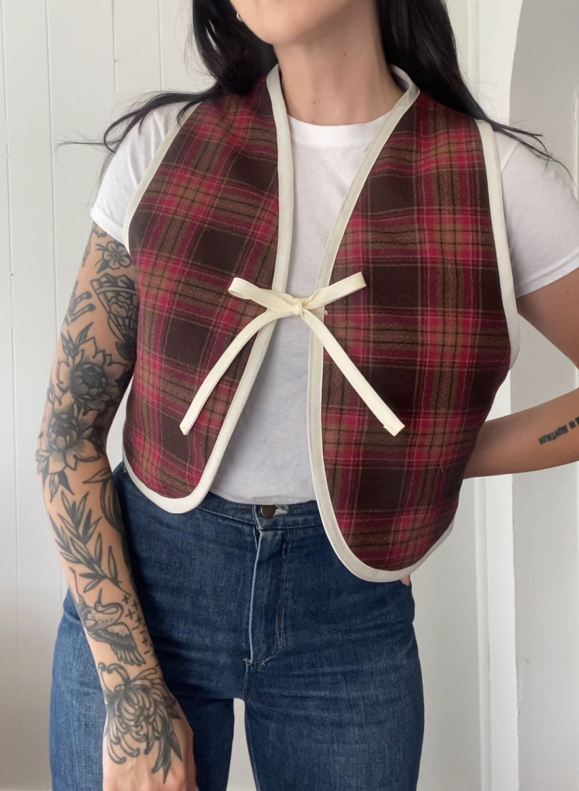 Upcycled Tie-Front Plaid Vest