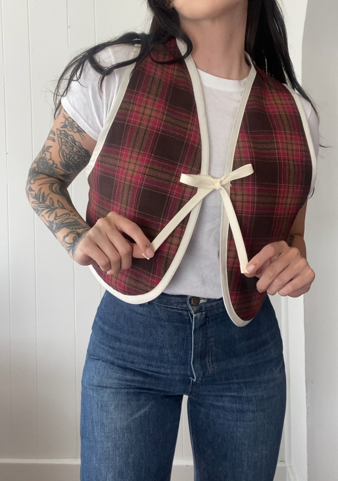 Upcycled Tie-Front Plaid Vest