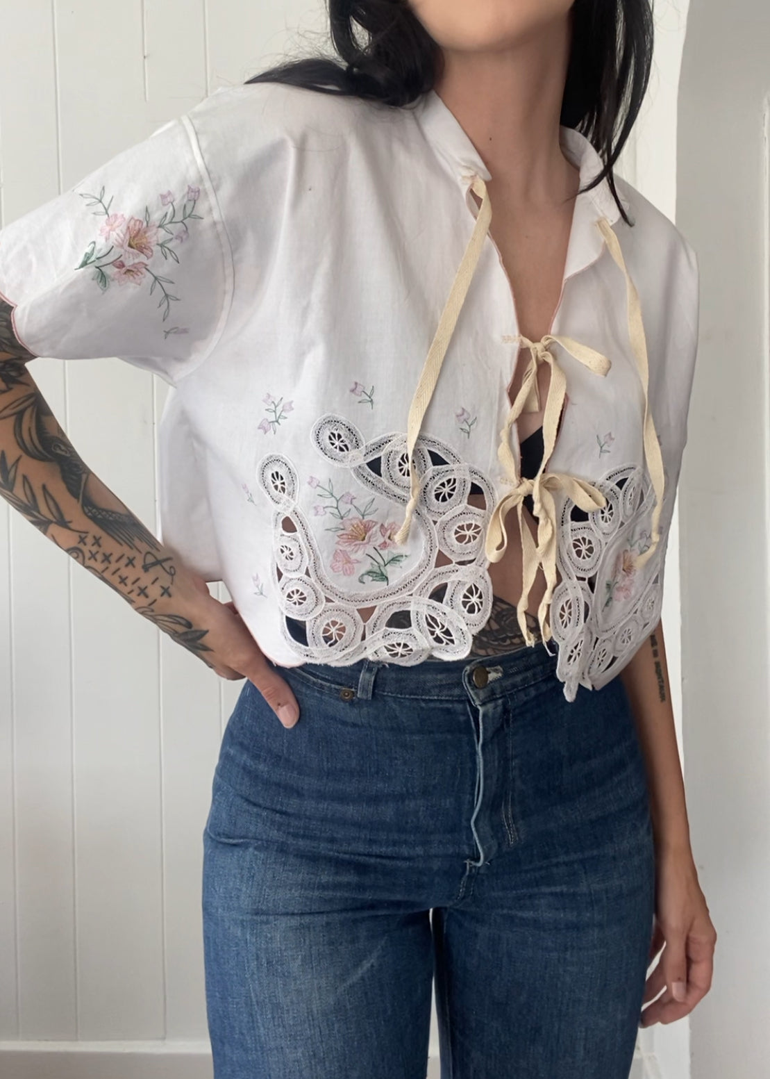 Upcycled Tie Front Horseshoe Blouse