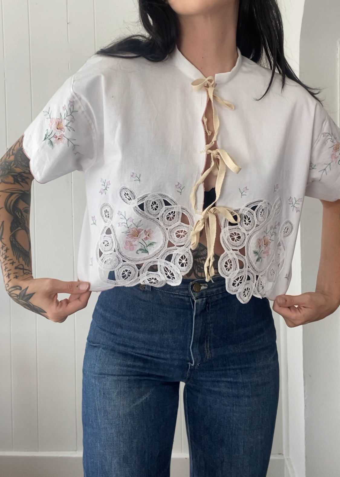 Upcycled Tie Front Horseshoe Blouse