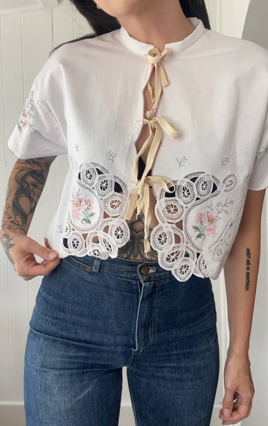 Upcycled Tie Front Horseshoe Blouse