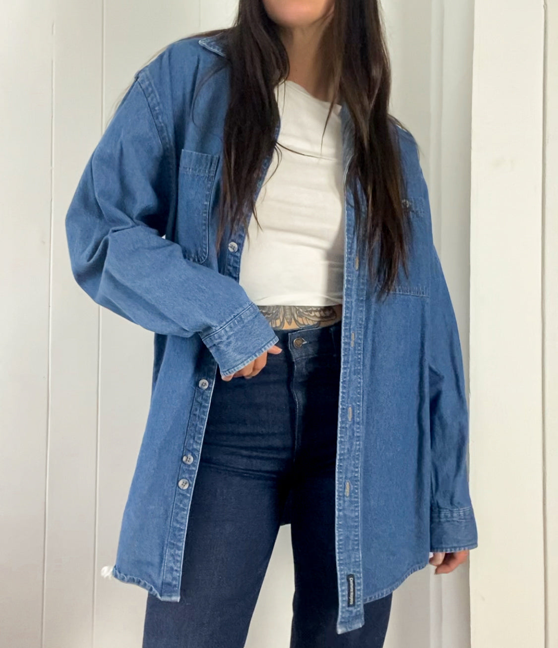 L Vintage Quilt Block Denim Button Down